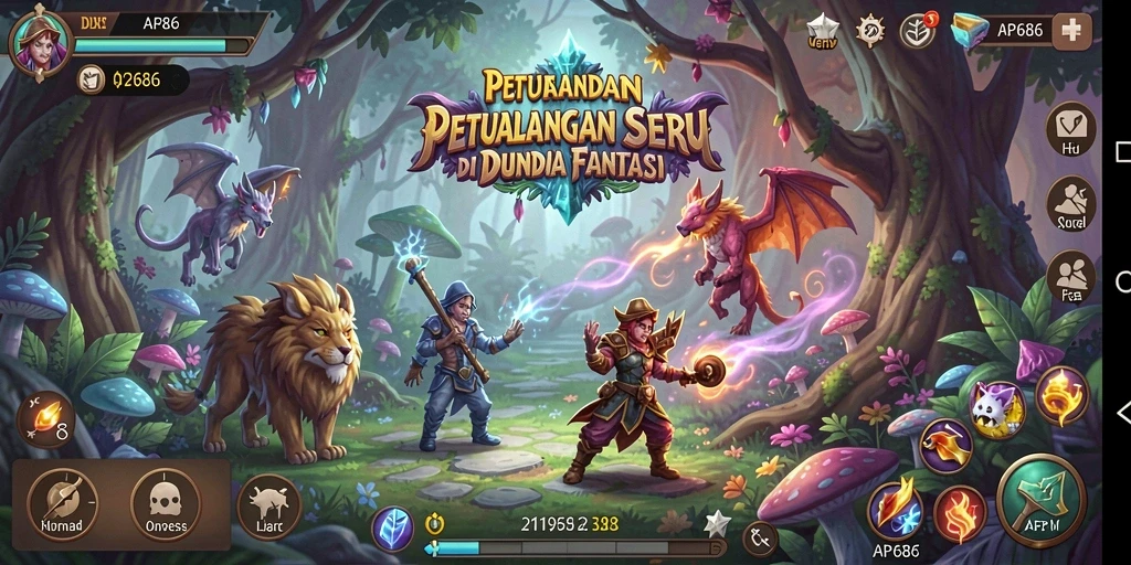 Screenshot gameplay AP686 yang menunjukkan pertarungan karakter dalam dunia fantasi.