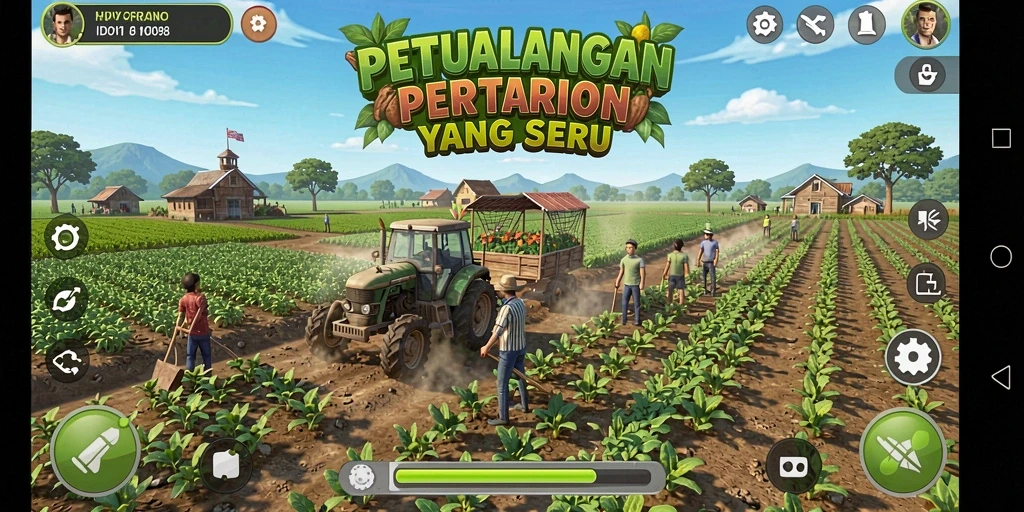 Screenshot gameplay menunjukkan ladang hijau yang subur dan hewan-hewan lucu.