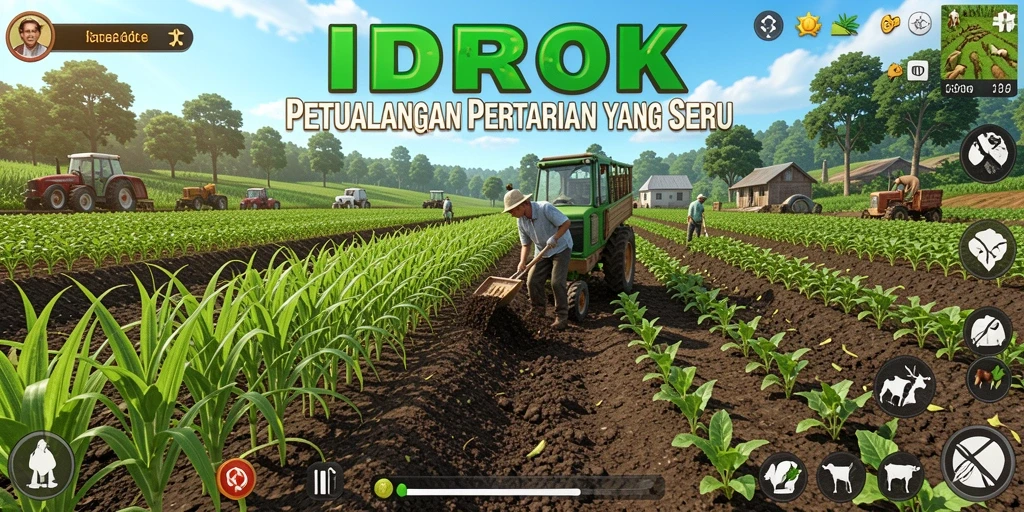 Tampilan gameplay <strong>IDROK</strong> yang menggambarkan proses bercocok tanam dan panen.