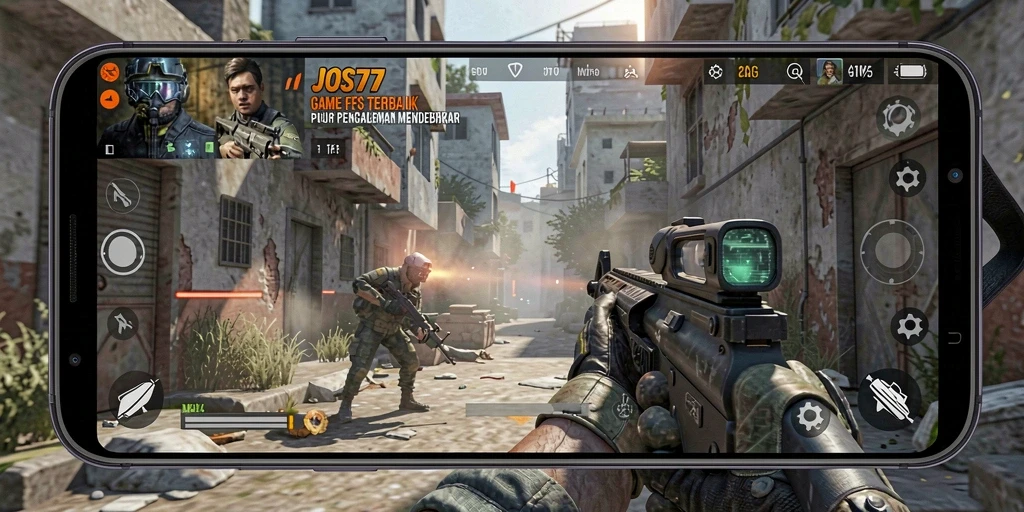 Screenshot utama menggambarkan aksi intens di medan perang FPS.