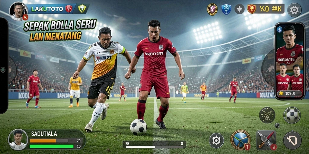 Screenshot utama LAKUTOTO yang menampilkan aksi sepak bola yang mendebarkan.