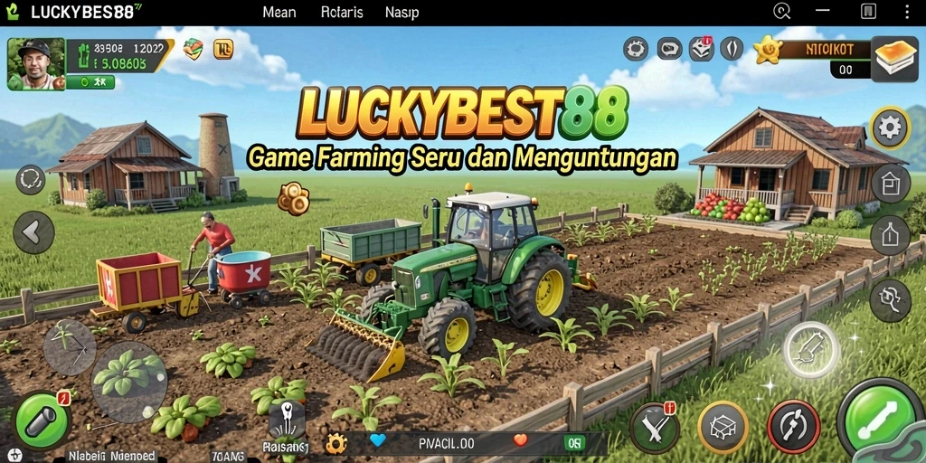 Tampilan gameplay <strong>LUCKYBEST88</strong> dengan kebun yang subur dan hewan peliharaan.