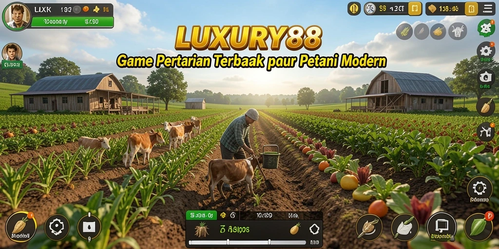 Screenshot LUXURY88 menampilkan ladang yang subur dan hewan ternak.