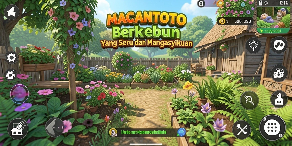 Tangkapan layar utama MACANTOTO menampilkan aktivitas berkebun yang seru.