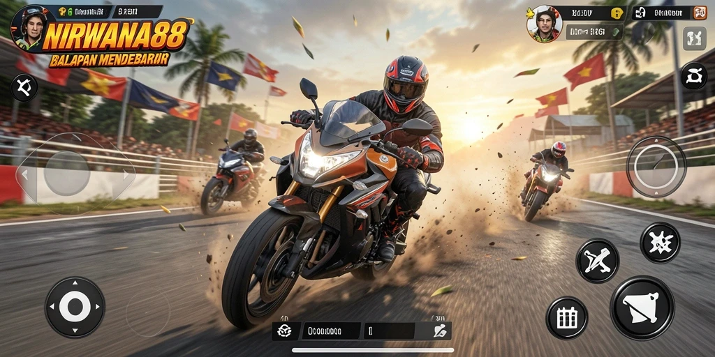 Tampilan gameplay NIRWANA88 yang menegangkan saat balapan motor.