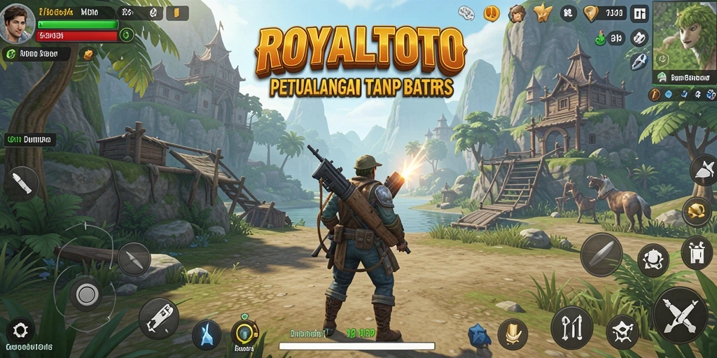 Screenshot gameplay ROYALTOTO menunjukkan eksplorasi mendebarkan di dunia terbuka.
