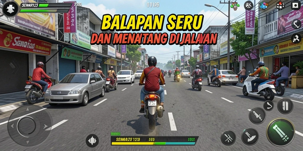 Tampilan gameplay mendebarkan di SEMAR123 saat melaju di lintasan balap.