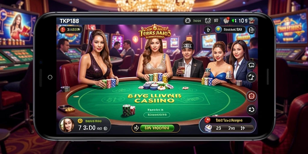 Screenshot utama TKP188 yang menampilkan dealer langsung dan permainan kasino interaktif.