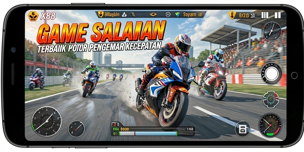 Tangkapan layar gameplay X88 menampilkan balapan motor yang mendebarkan.